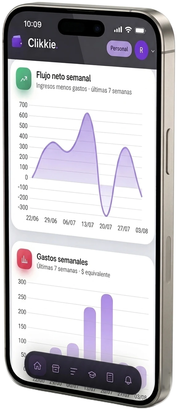 Clikkie en un iPhone: el flujo neto y los gastos de las últimas siete semanas.